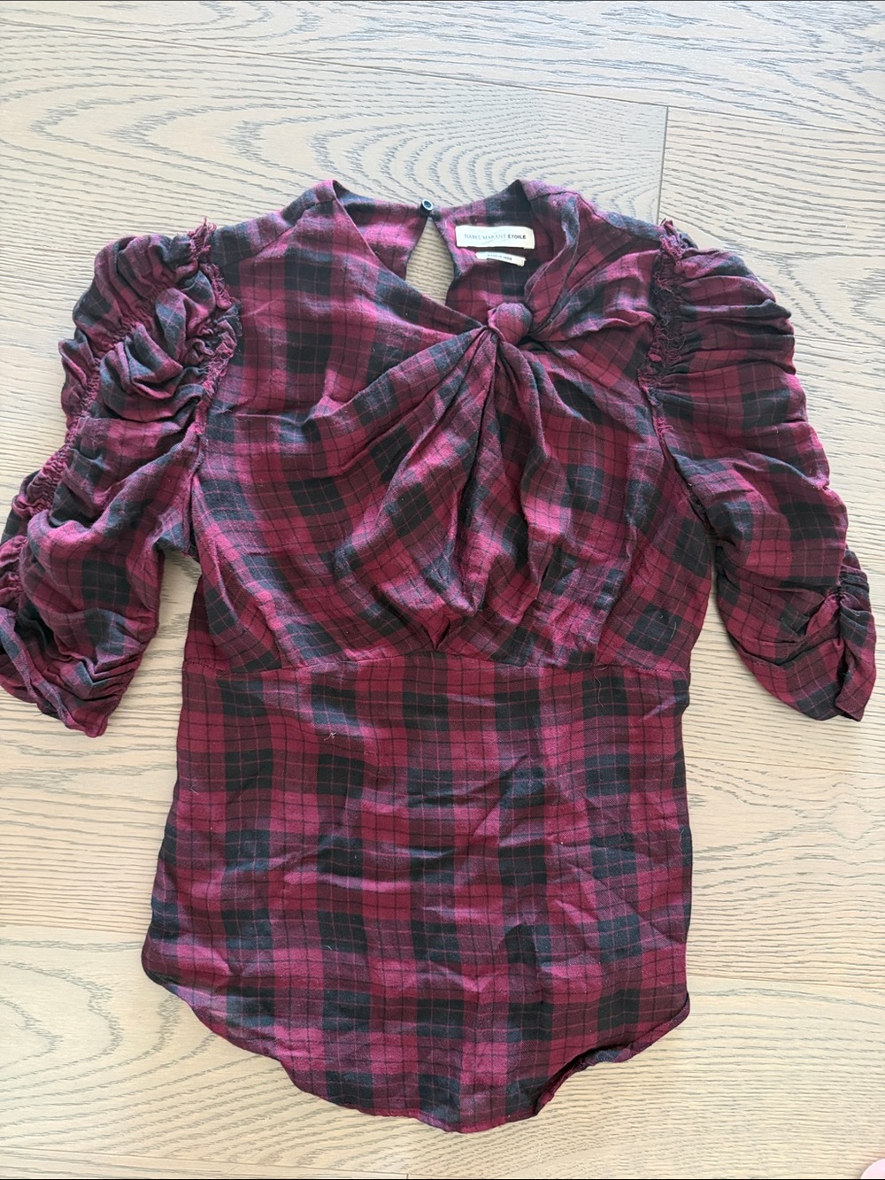 Joie Burgundy Plaid Twist-Front Puff Sleeve Blouse